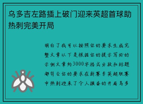 乌多吉左路插上破门迎来英超首球助热刺完美开局 乌多吉左路插上破门迎来英超首球助热刺完美开局